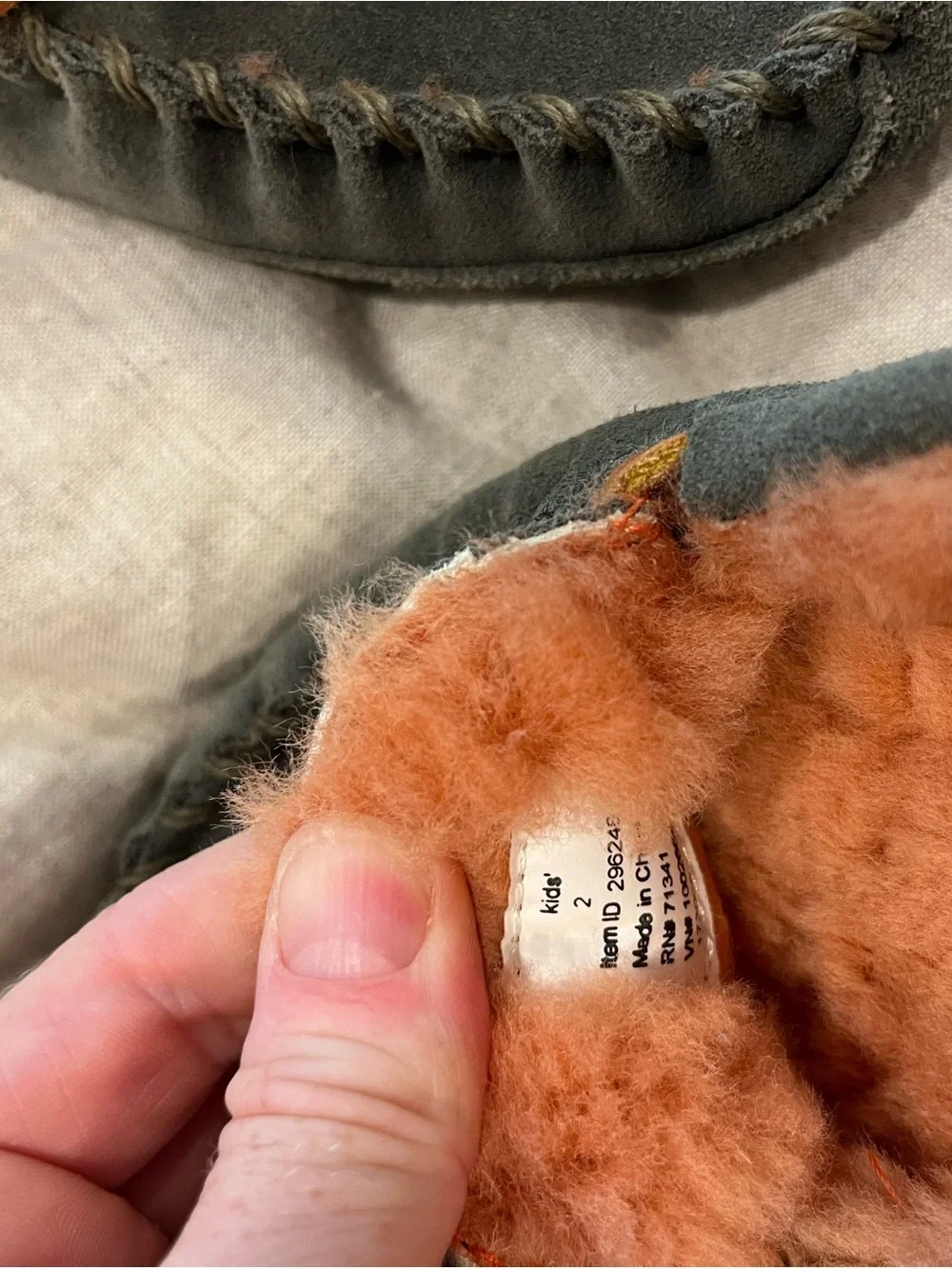 L. L. Bean Cozy Suede Moccasin Slippers in Olive with Rust Fur Lining